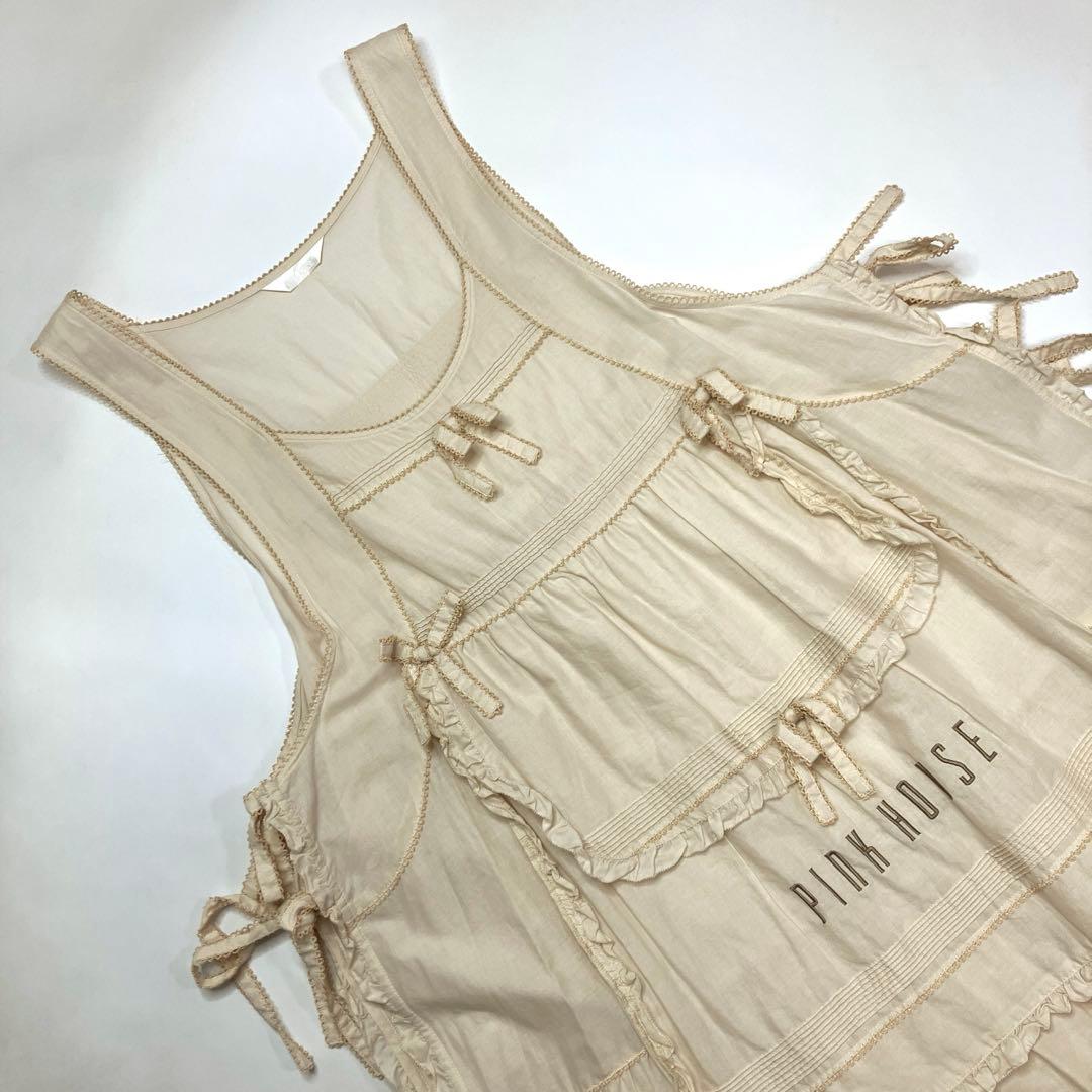 か*様 【美品】ピンクハウス 生成 ピコフリル ロゴ刺繍使い 綿ローンタブリエ