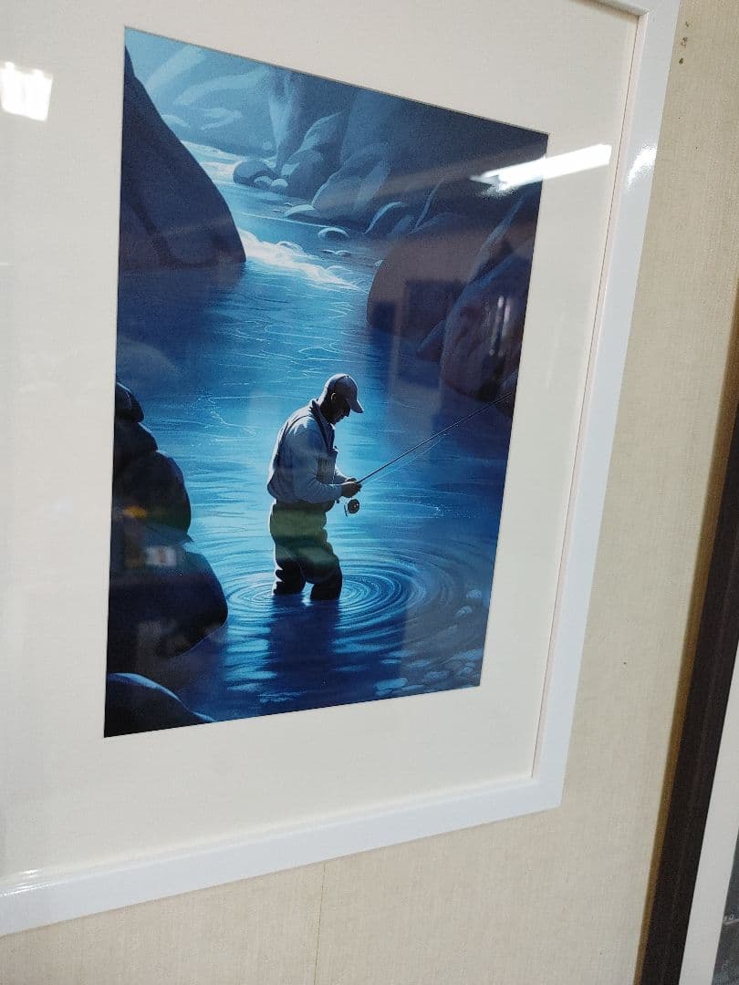 ウオールアート　A4額付　「釣り人」