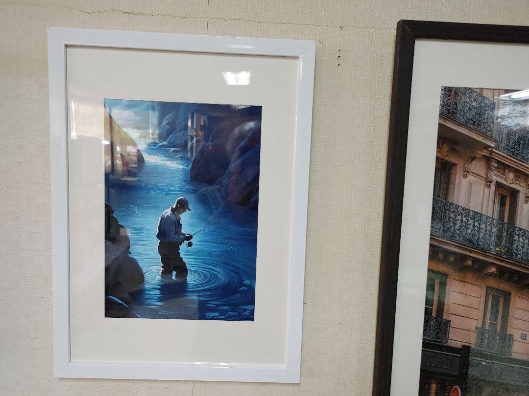 ウオールアート　A4額付　「釣り人」