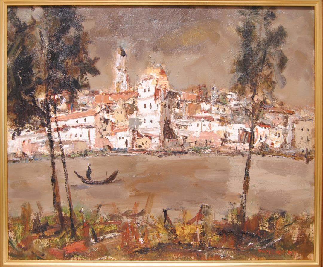 友成晴雄 Ｆ8 肉筆 風景画 「 水路 」 油絵 油彩画