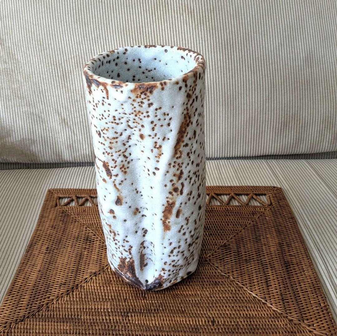 加藤春鼎 鼠志野　円筒花入　花器　花瓶 志野　大型　作家もの