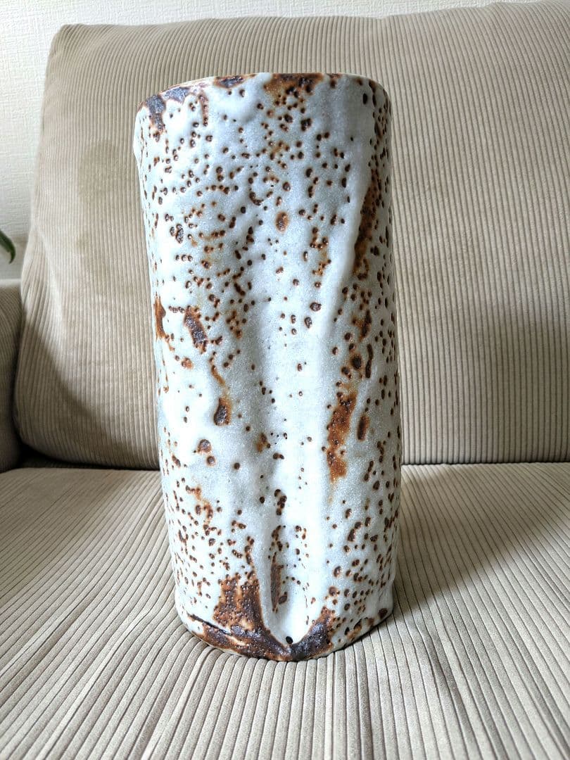 加藤春鼎 鼠志野　円筒花入　花器　花瓶 志野　大型　作家もの