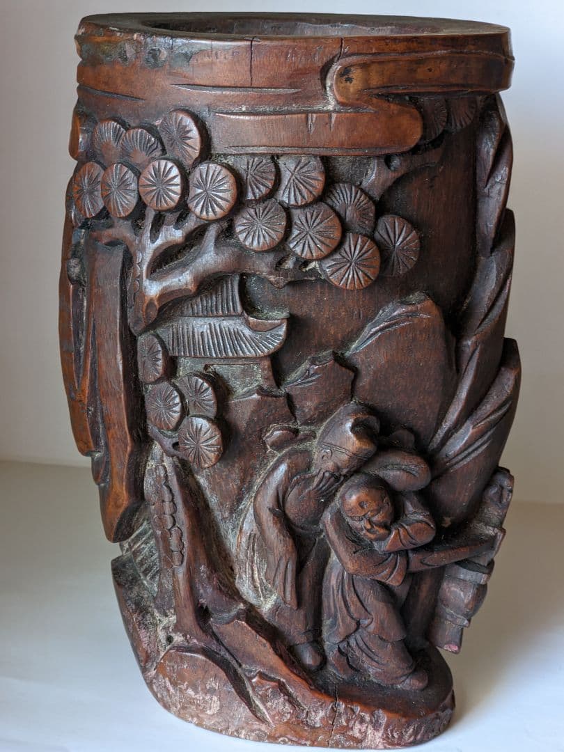 ♦古玩 古美術品 文房四宝 竹根 楼閣山水人物図 筆筒 中国清時代 骨董品書道具