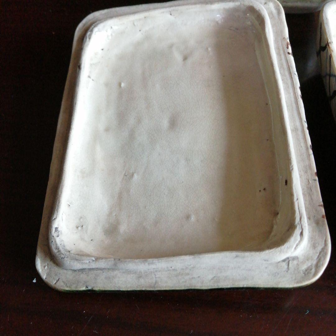 京焼　織部蓋付四方鉢　5客　14.5cm　幕末〜大正期