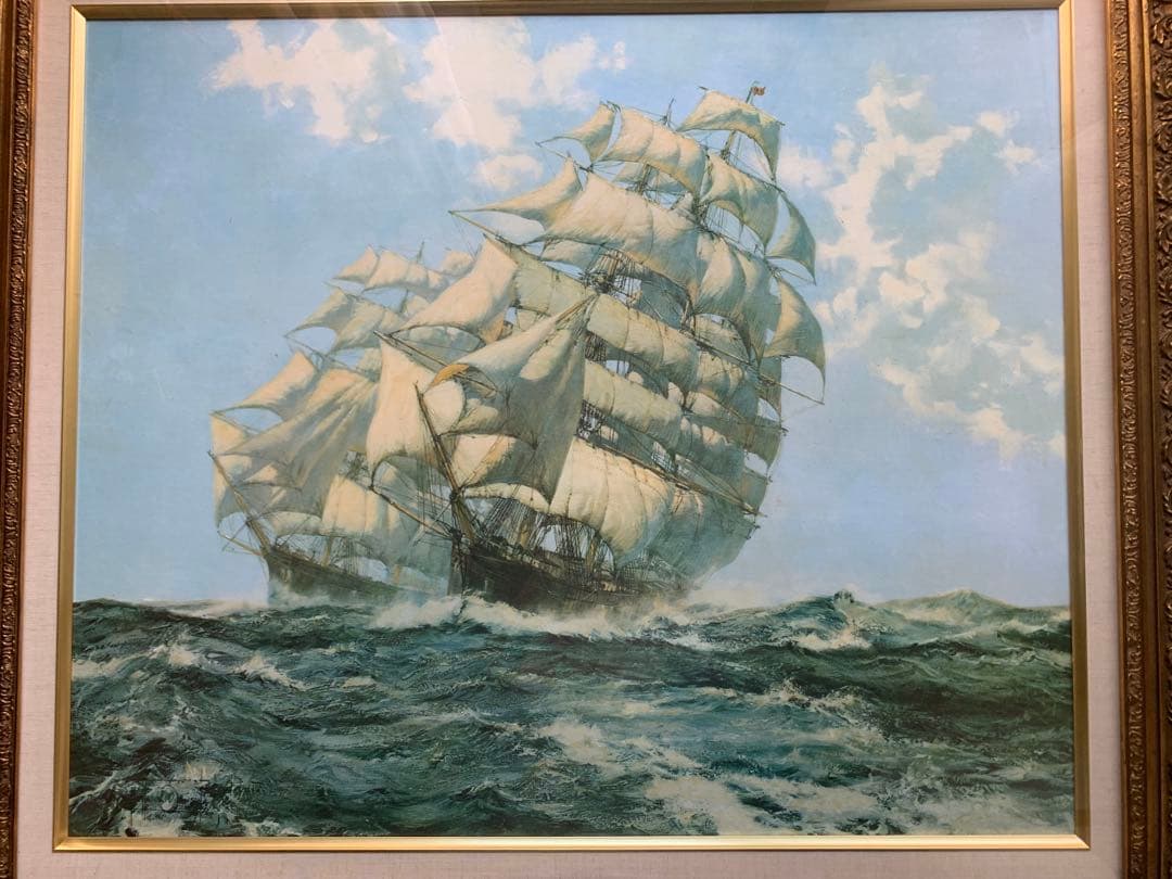 【送料無料】油彩画 美術 インテリア 風景画 海上の帆船 額縁 94×82センチ