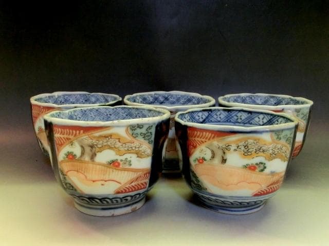 蕎麦猪口■伊万里赤絵 桜 5客 窓絵花唐草 (江戸後期～明治期) 時代物 骨董■