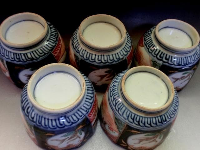 蕎麦猪口■伊万里赤絵 桜 5客 窓絵花唐草 (江戸後期～明治期) 時代物 骨董■