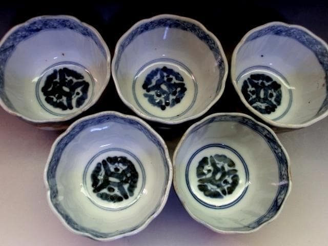 蕎麦猪口■伊万里赤絵 桜 5客 窓絵花唐草 (江戸後期～明治期) 時代物 骨董■