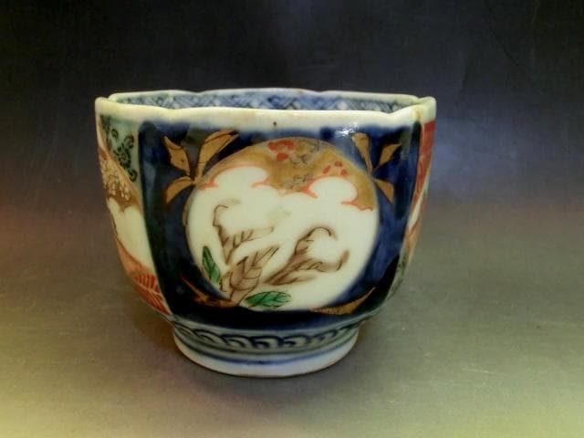 蕎麦猪口■伊万里赤絵 桜 5客 窓絵花唐草 (江戸後期～明治期) 時代物 骨董■