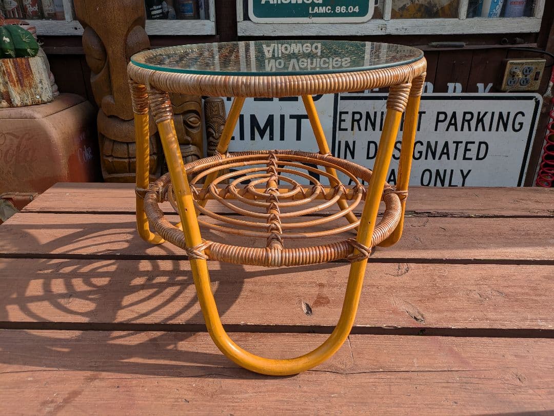 ビンテージ オールド ラタン ガラステーブル コーヒーテーブル