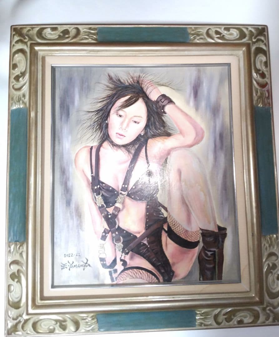 山本英二、絵画油彩８号、裸婦、美人画、ボンテージ、k真作、肉筆、高級額縁