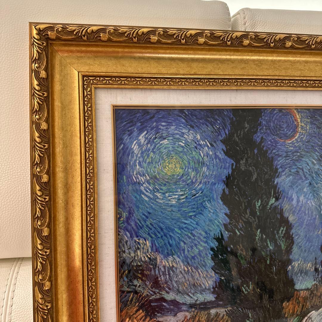 油彩画 星月夜の道 約40x50cm