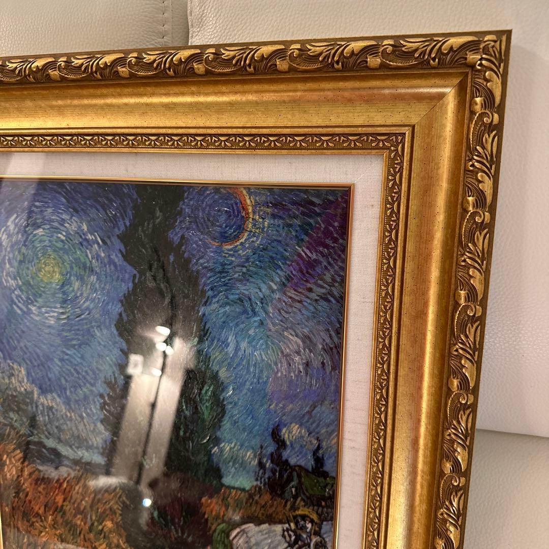 油彩画 星月夜の道 約40x50cm