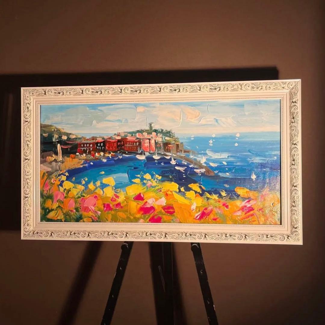 手書き油絵 地中海の風景 額付 肉筆絵画 インテリア 油彩画