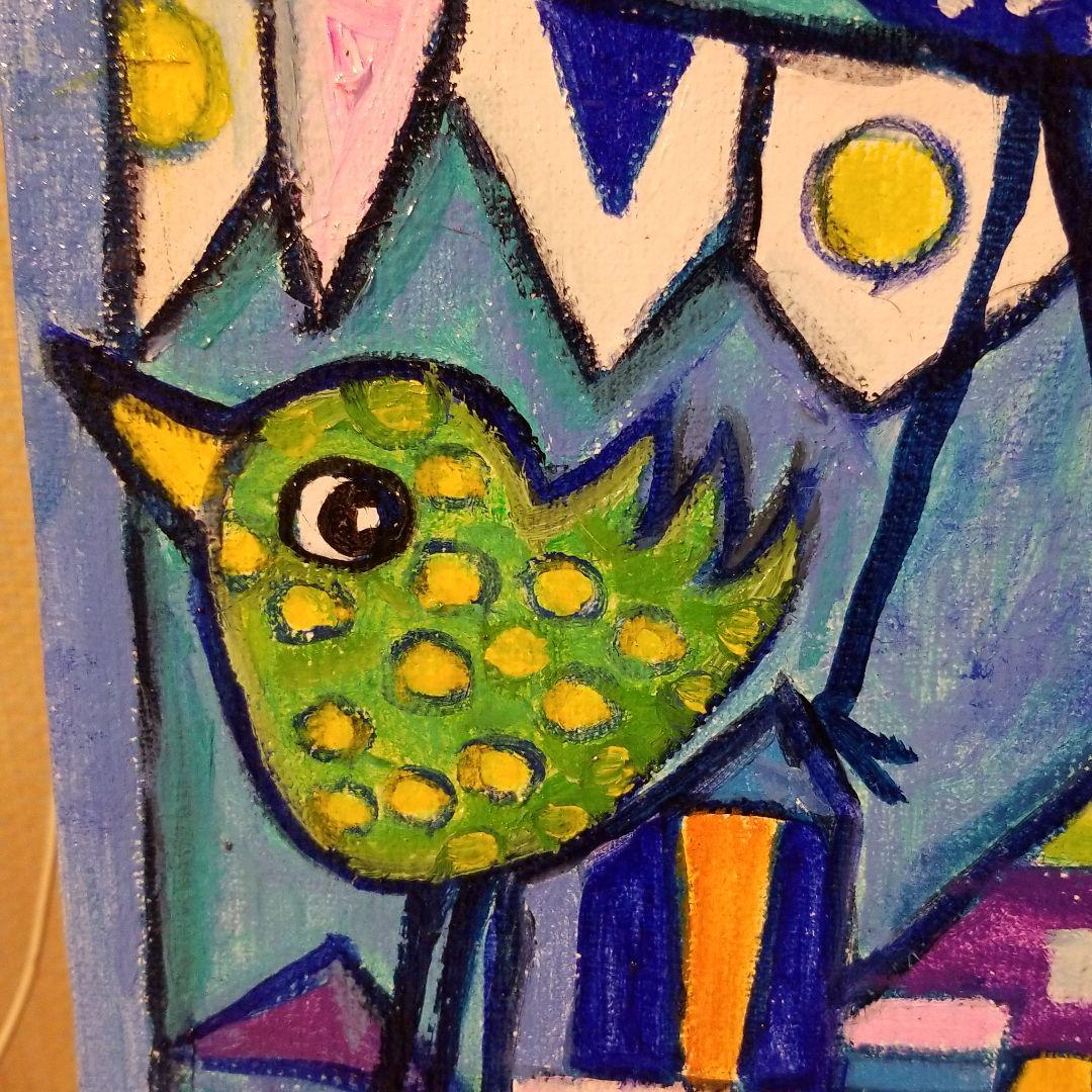 油絵　にゃんこ　足の長い鳥が住む街