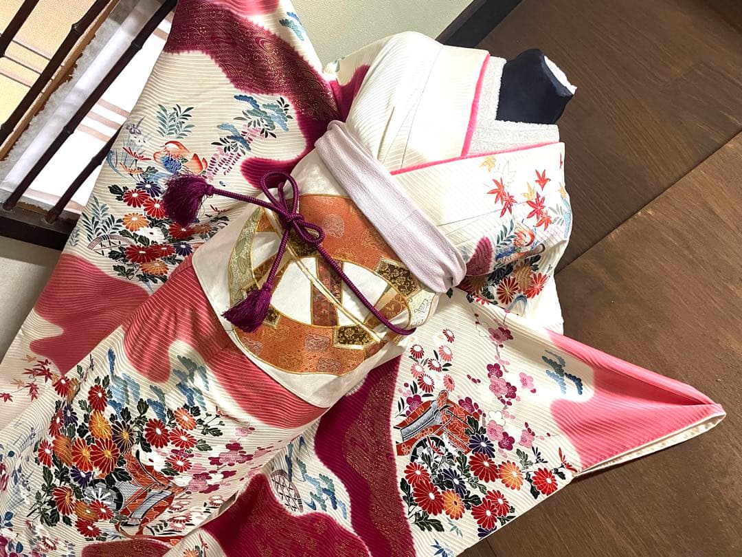 振袖 フルセット6点サイズM京友禅手描き銀駒刺繍　正絹　売り切り終了