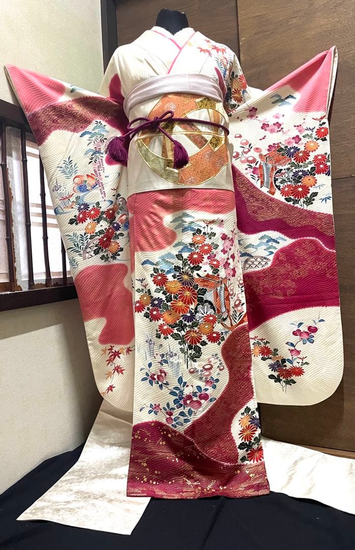 振袖 フルセット6点サイズM京友禅手描き銀駒刺繍　正絹　売り切り終了