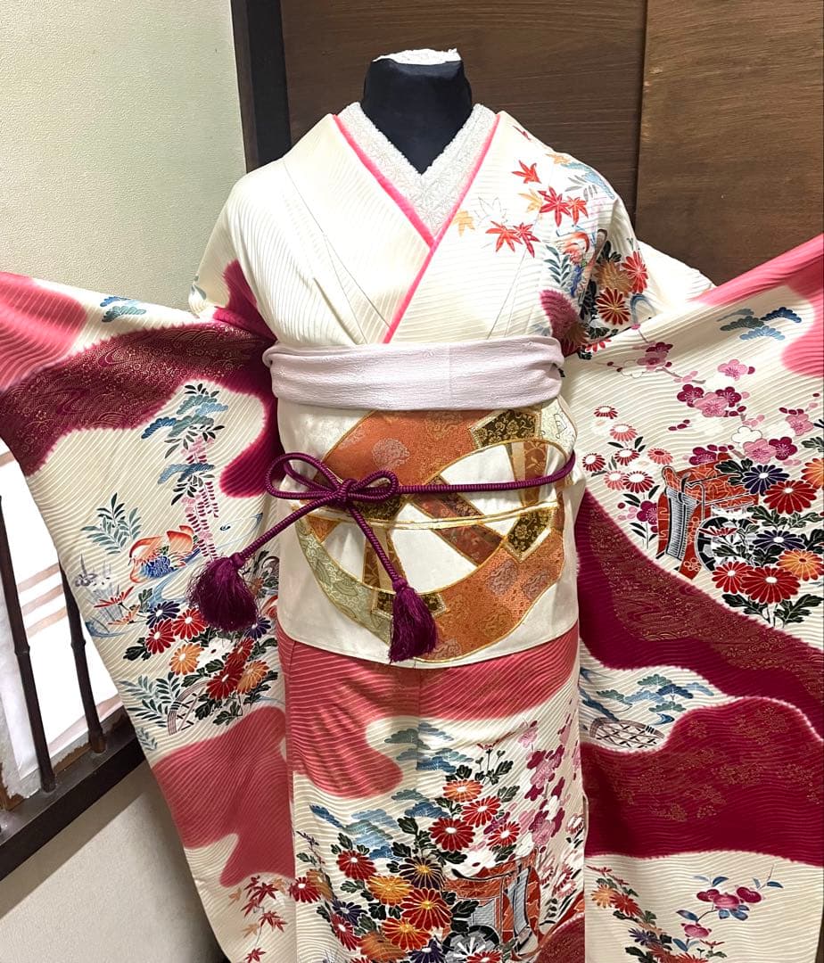 振袖 フルセット6点サイズM京友禅手描き銀駒刺繍　正絹　売り切り終了