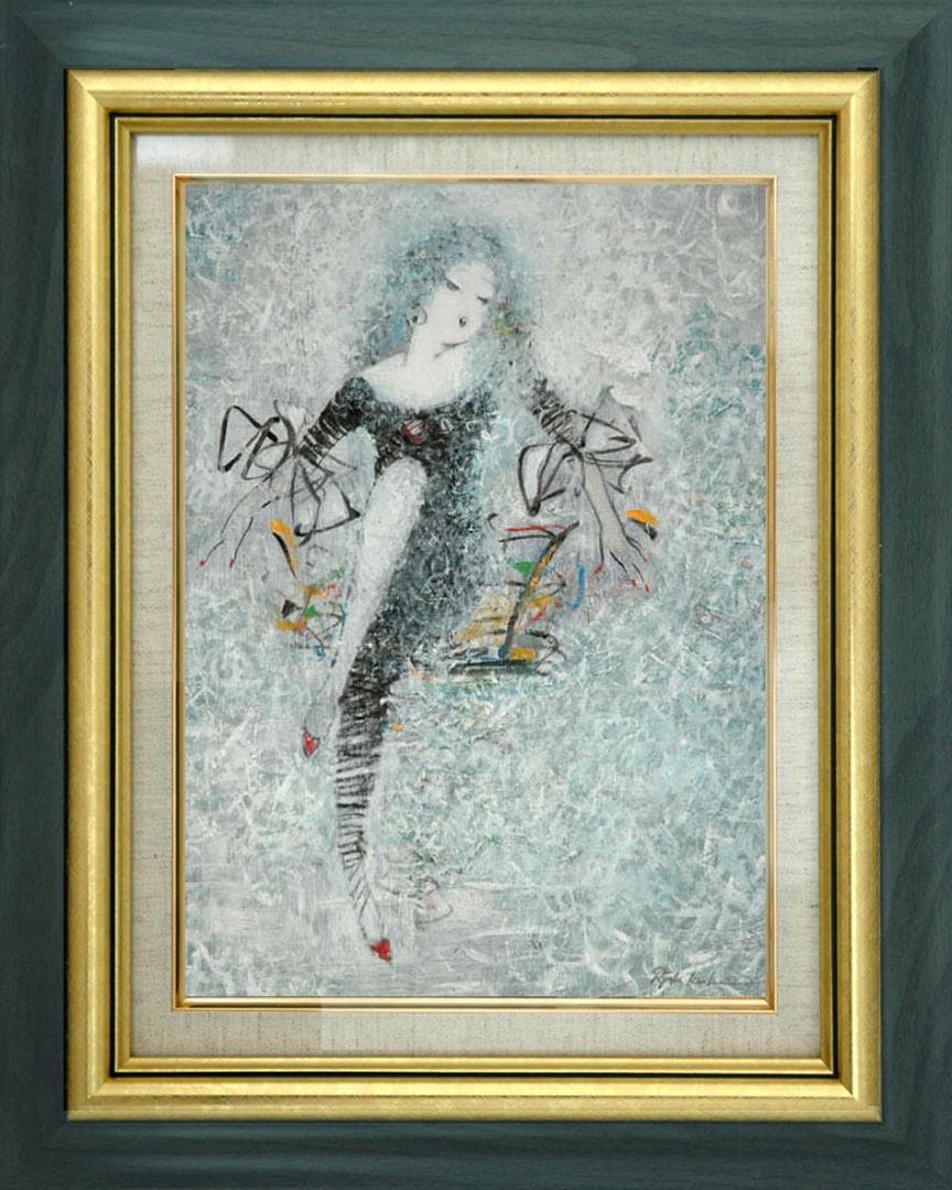 油絵 菅家令子 絵 絵画インテリア額付(青緑＋金色の枠)uF6-010711女性