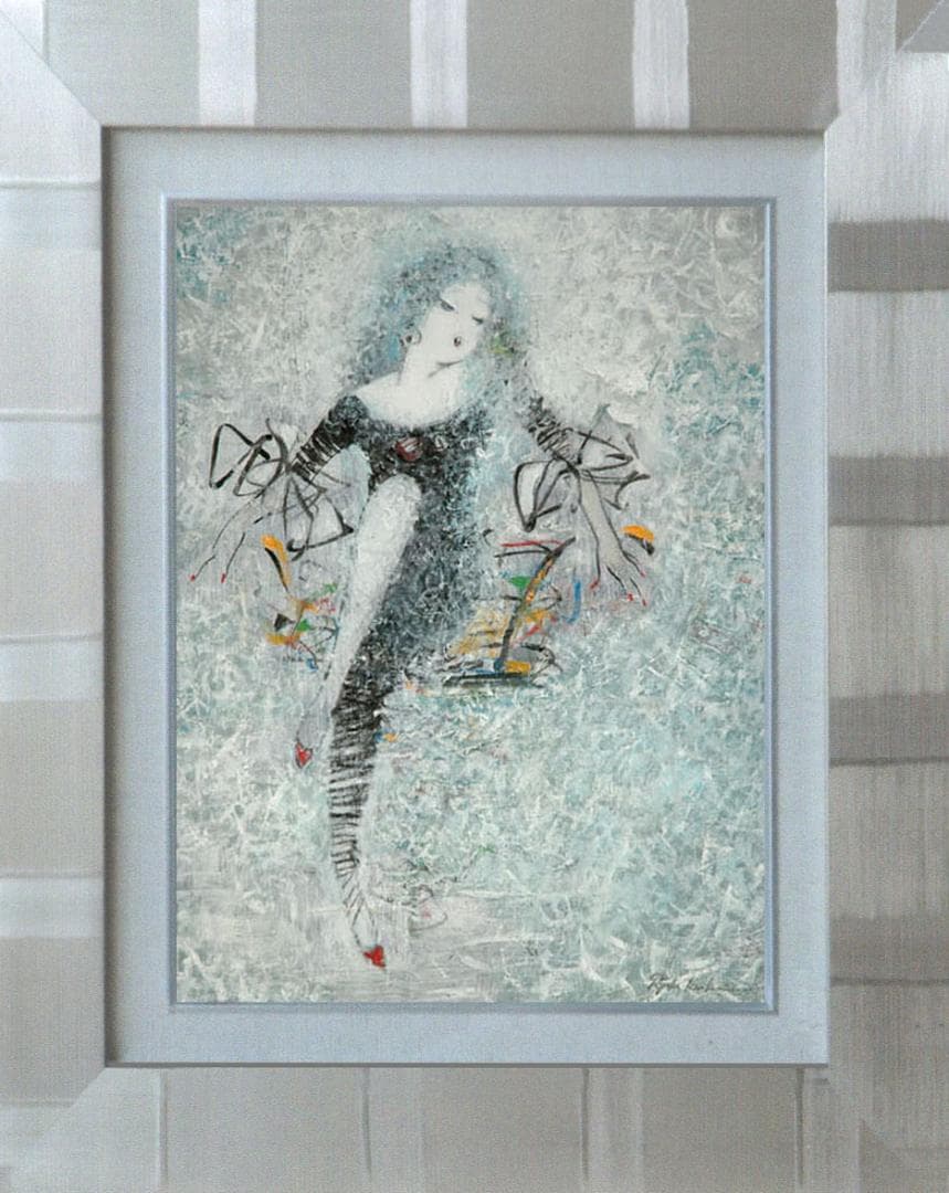 油絵 菅家令子 絵 絵画インテリア額付(青緑＋金色の枠)uF6-010711女性