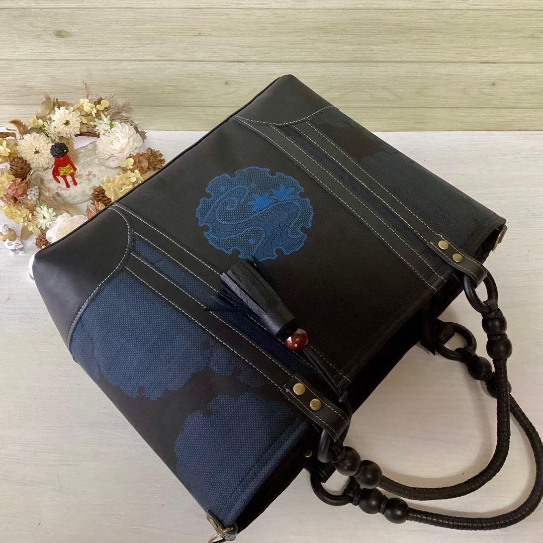 大島紬 ×本革 着物リメイク トートバッグ 和装バッグ ハンドメイド 雪輪柄 黒