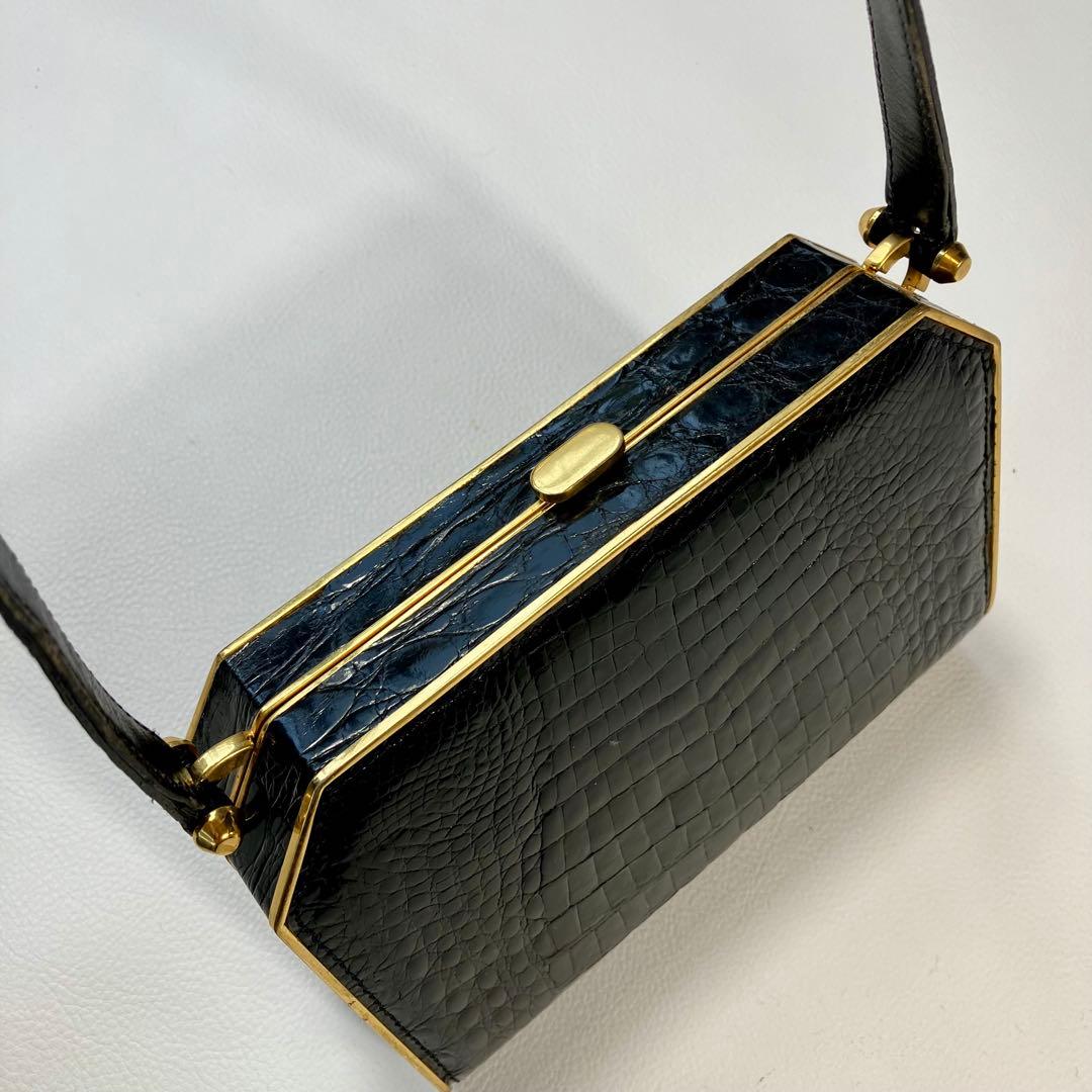 リアル　クロコダイル　クラッチ　パーティーバッグ　 アンティック　ゴールドトリム
