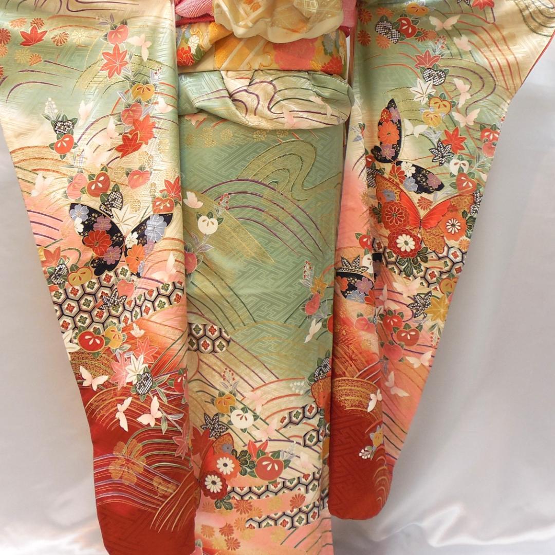 極美品★振袖フルセット　正絹　振袖　7点セット　成人式　Mサイズ　緑　赤　古典柄