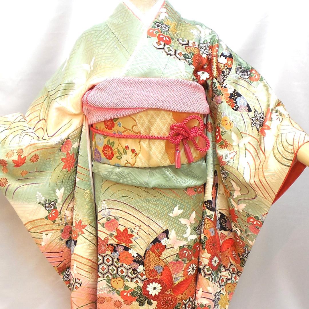 極美品★振袖フルセット　正絹　振袖　7点セット　成人式　Mサイズ　緑　赤　古典柄