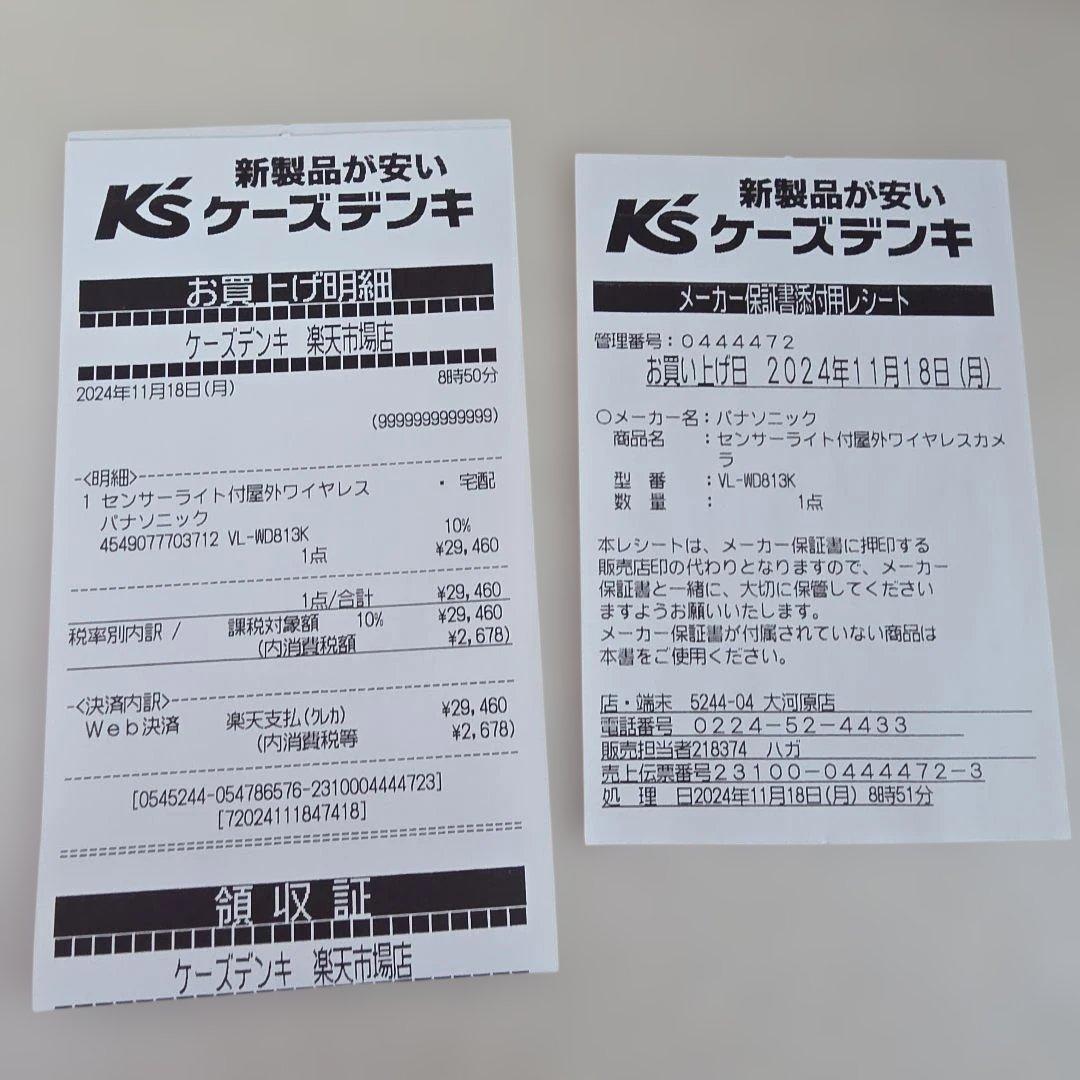 Panasonic VL-WD813K センサーライト付ワイヤレスカメラ