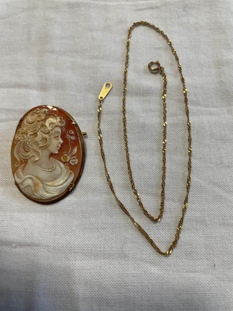K18 チェーンネックレス vintageシェルカメオ 枠K18（合計3g）