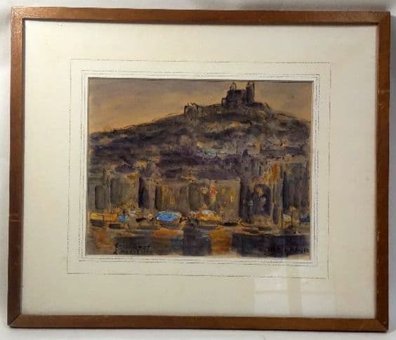 「マルセイユの丘、ノートルダム・ド・ラ・ガルド寺院」 田村孝之助　肉筆　水彩