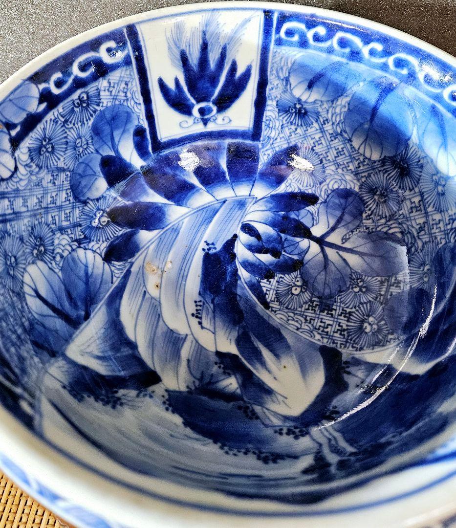 江戸時代末期～明治初期　古伊万里　染付　葉に卍繋ぎ文　大盃洗　高付鉢　コンポート