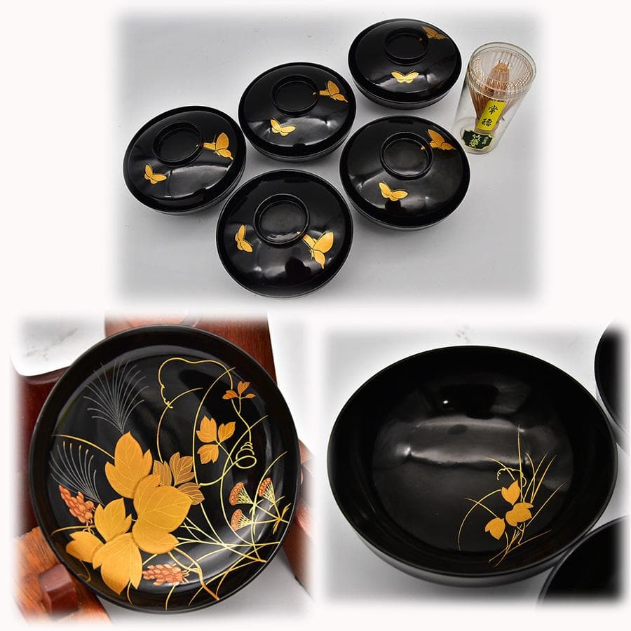 時代年代物 輪島塗 蓋椀 五客 木製黒漆 花草に蝶 金蒔絵 漆器 漆芸 食器