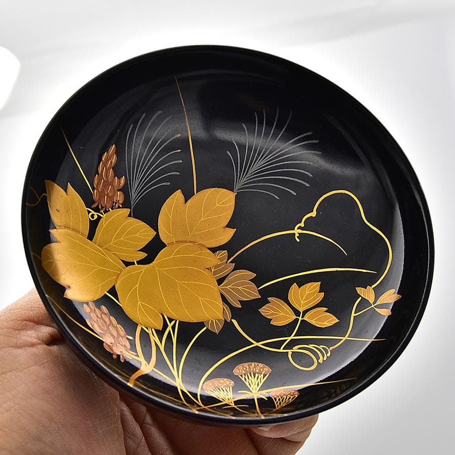 時代年代物 輪島塗 蓋椀 五客 木製黒漆 花草に蝶 金蒔絵 漆器 漆芸 食器