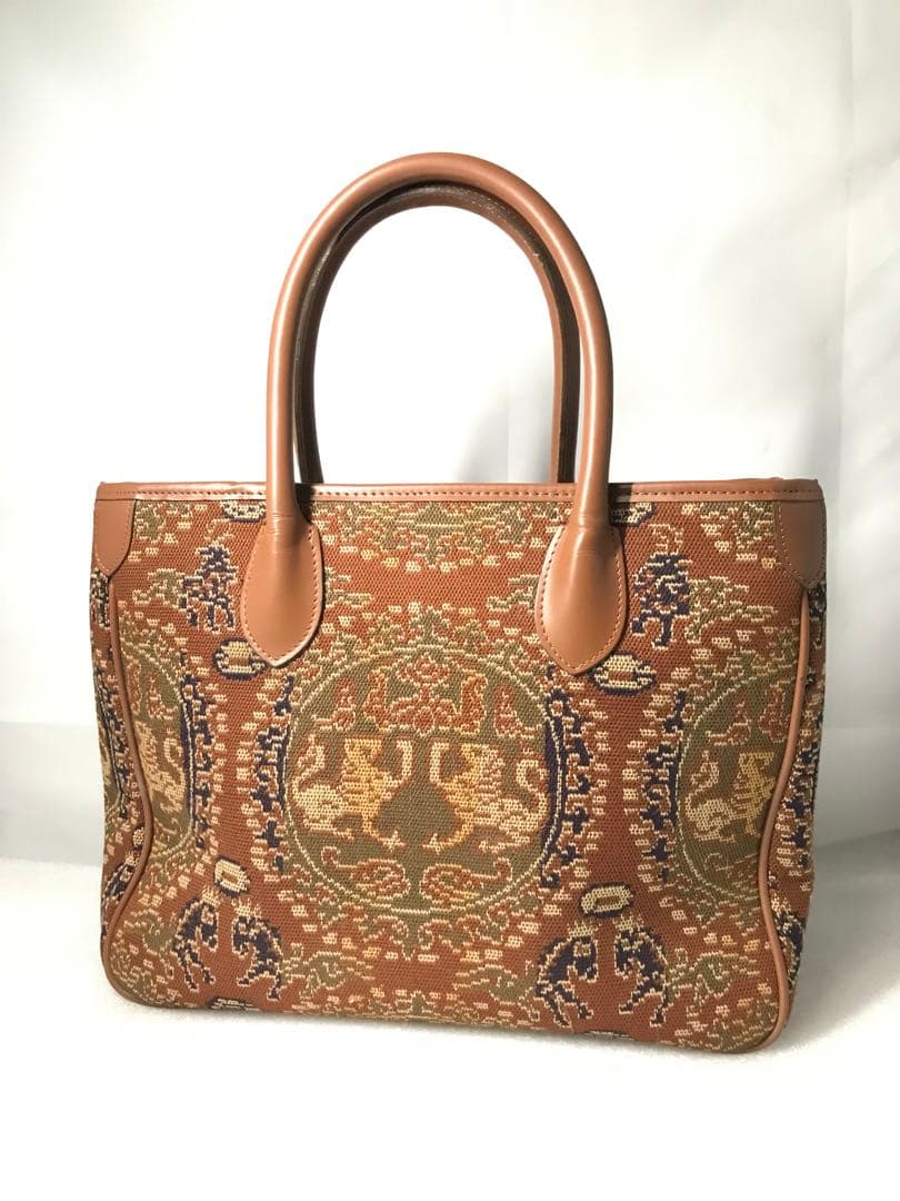 C0202)龍村美術織物 和装バッグ 動物 幾何学 茶色 正絹 和装小物