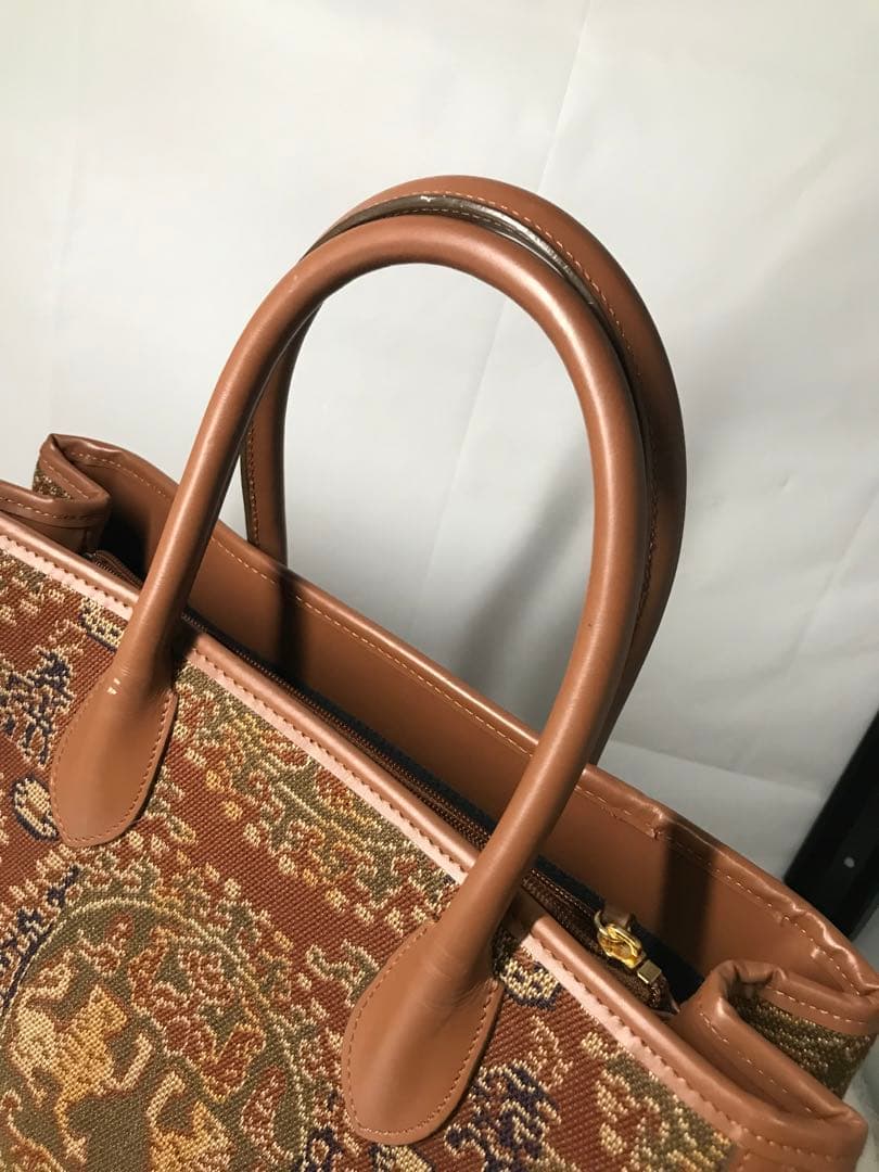 C0202)龍村美術織物 和装バッグ 動物 幾何学 茶色 正絹 和装小物