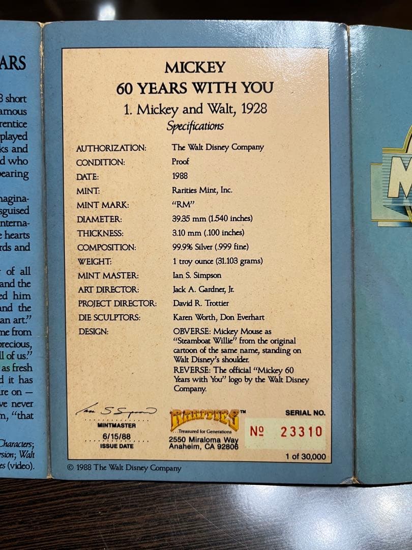 ミッキーマウス60周年記念銀貨1988年製 超レア希少品！　限定30000