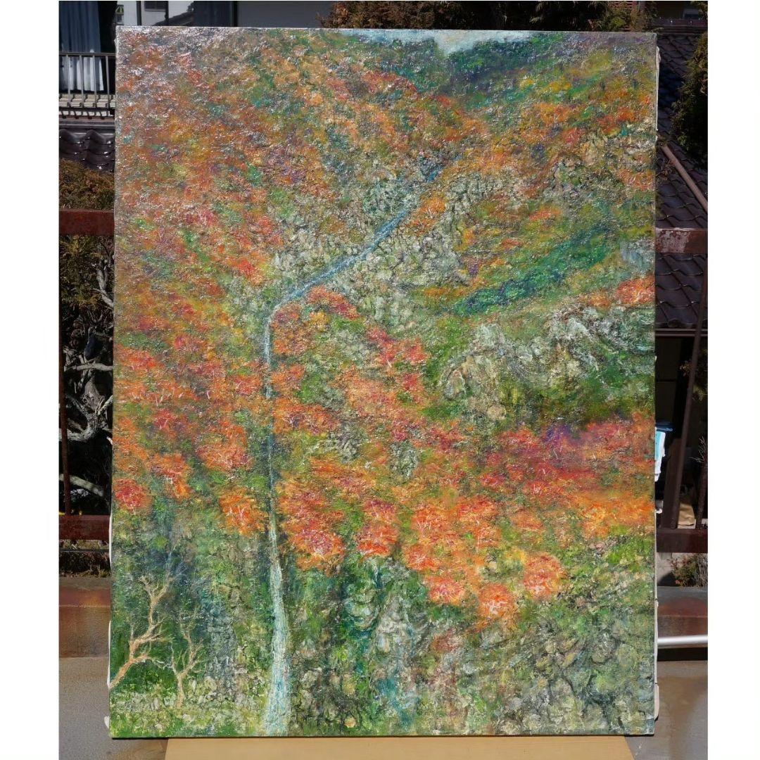 「紅葉と滝」 大きな絵画 油絵 F80号 風景画 迫力