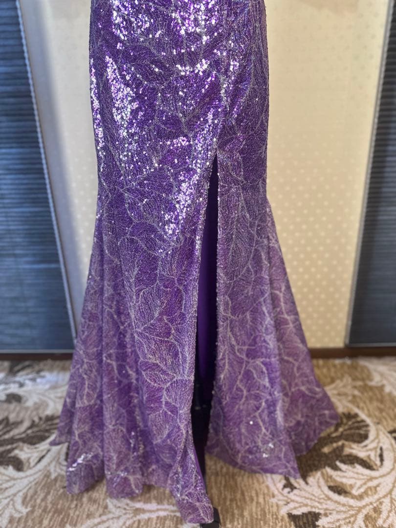 紫色 スパンコール 片肩ドレス