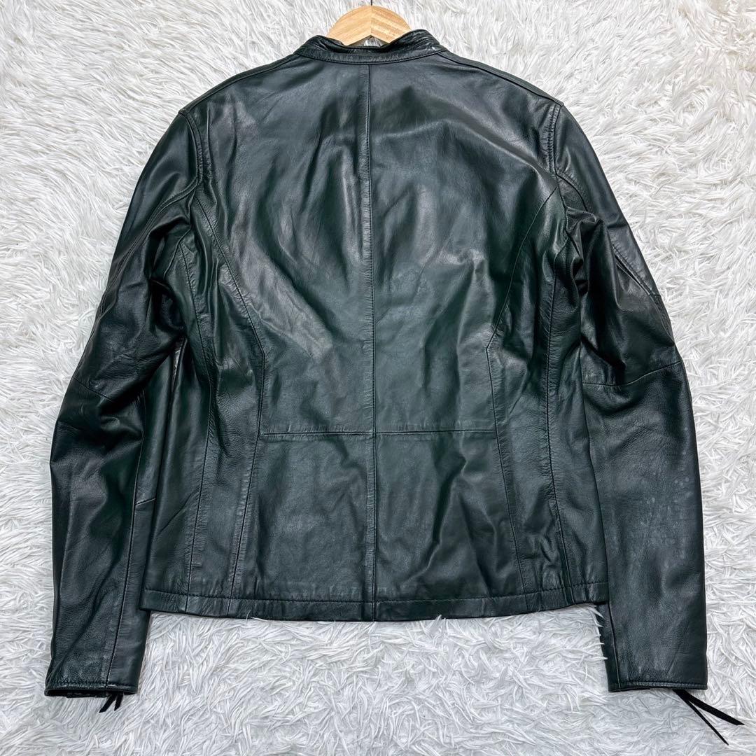 メンズビギ ライダース レザージャケット XL グリーン シングル 羊革