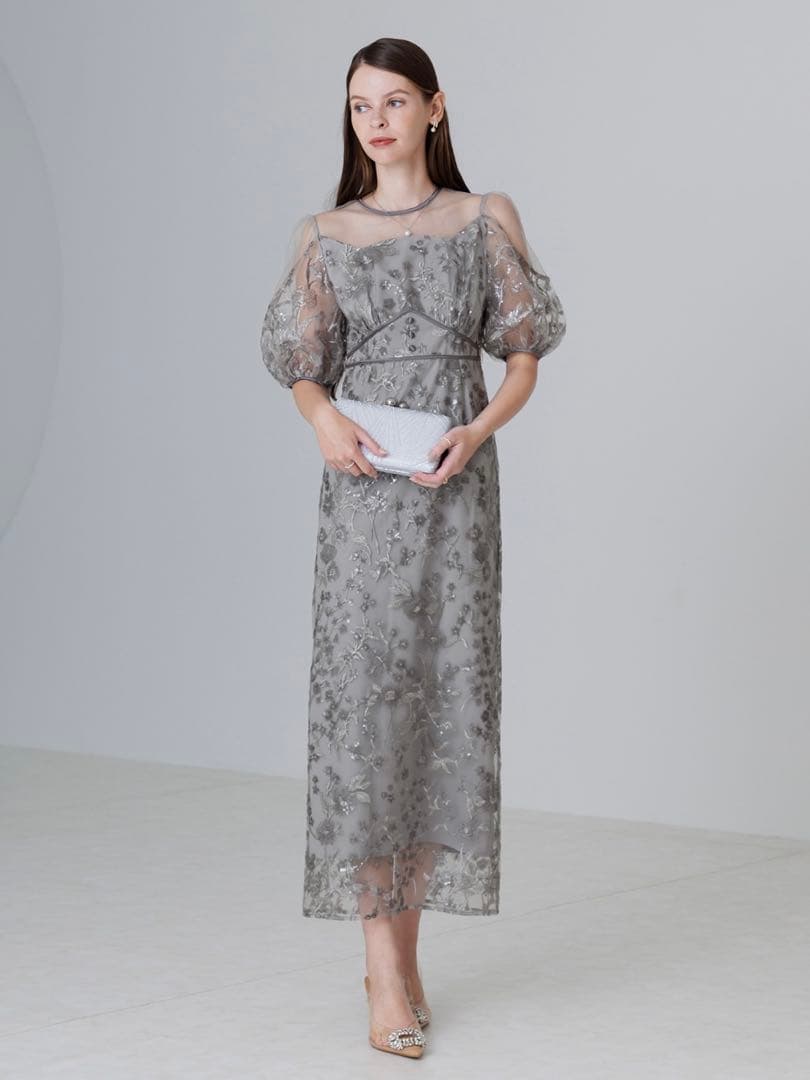 フラワーディテールパフスリーブIラインワンピースドレス結婚式二次会成人式デート