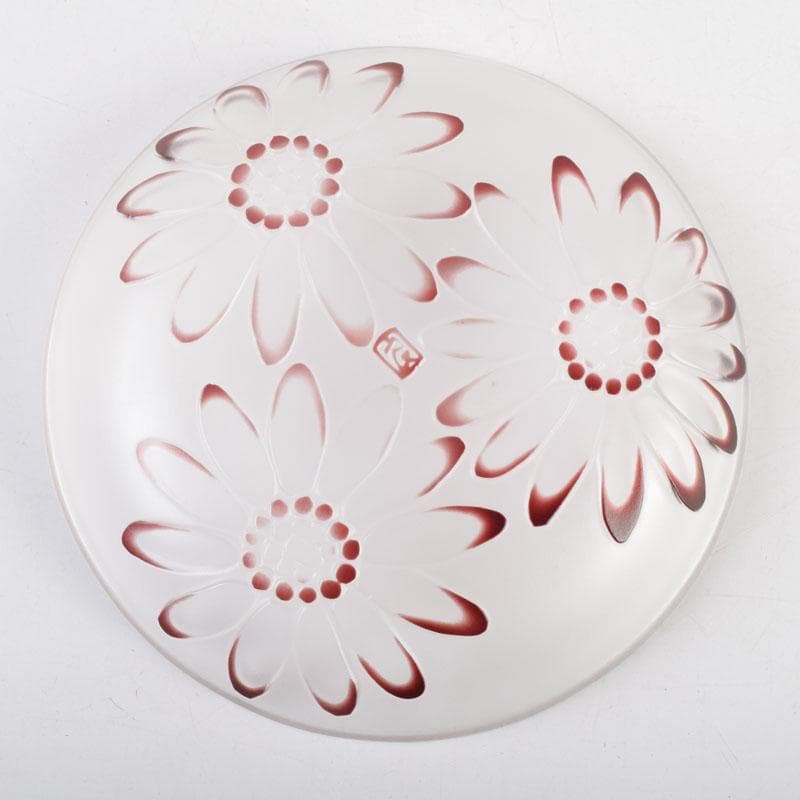 ガラス工芸　荒木良忠作　玻璃彫刻　銅赤花ノ輪文皿　共箱　C　9155