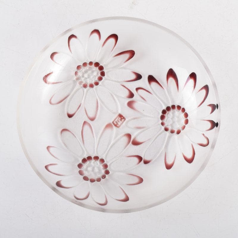 ガラス工芸　荒木良忠作　玻璃彫刻　銅赤花ノ輪文皿　共箱　C　9155