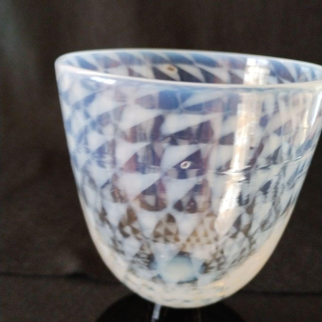 氷コップ　和ガラス乳白透かし鱗文なつめ型黒脚