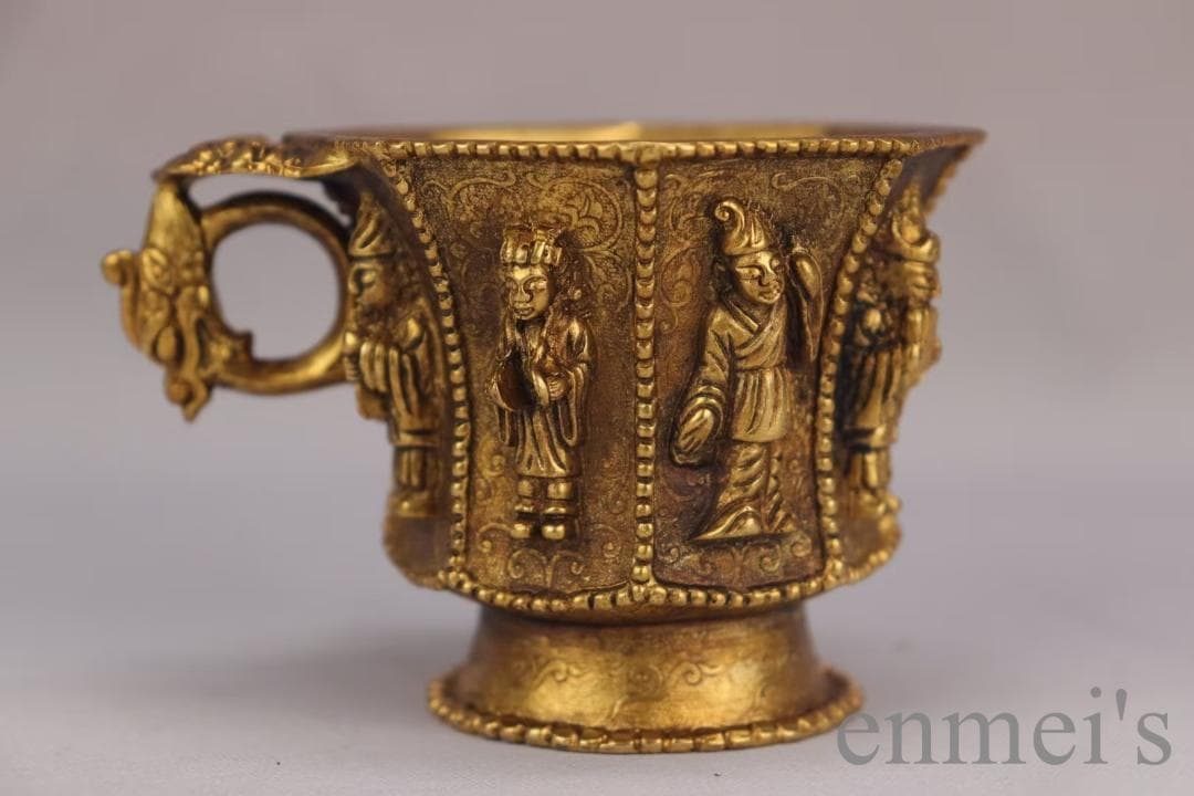 中国古美術 旧蔵 唐代 大唐貞觀款 鍍金銅酒杯 八仙紋 純手作り 精銅製 酒具