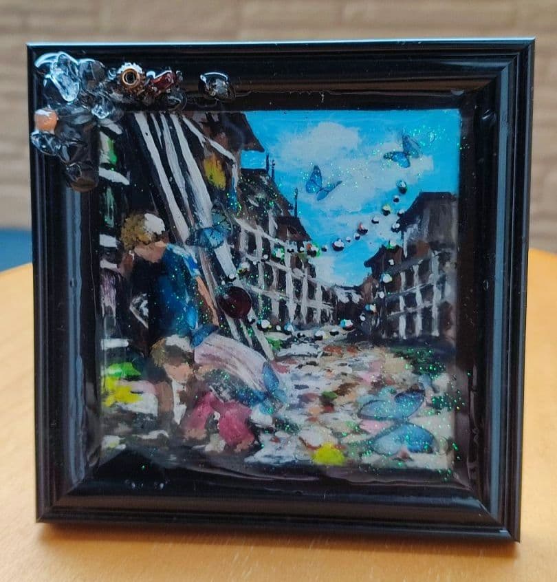 絵画　レジン　約束　スラム街の少年と少女（ガーネット,サンストーン水晶）