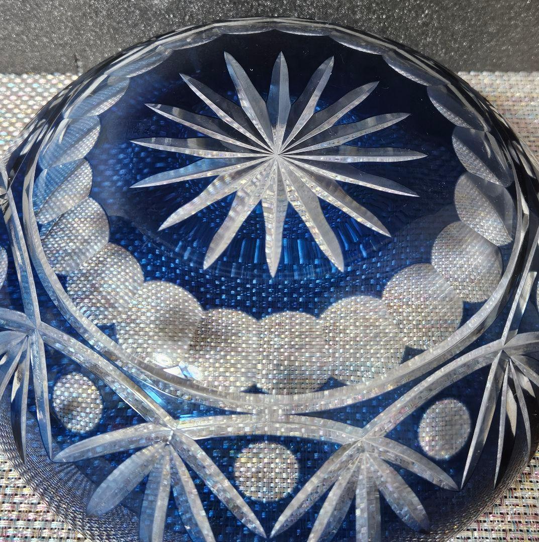 江戸切子　現代作品　青色被せ切子硝子 ガラス　鉢　菓子鉢　茶道具　茶器　共箱