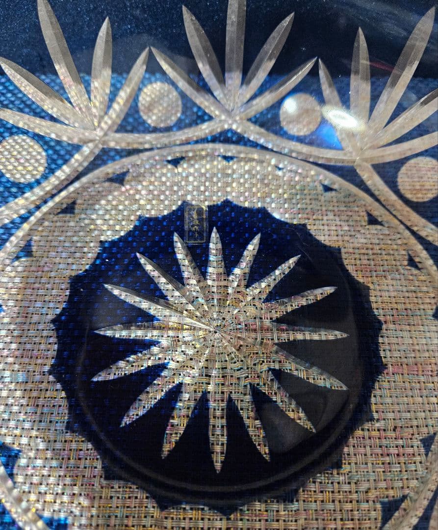 江戸切子　現代作品　青色被せ切子硝子 ガラス　鉢　菓子鉢　茶道具　茶器　共箱