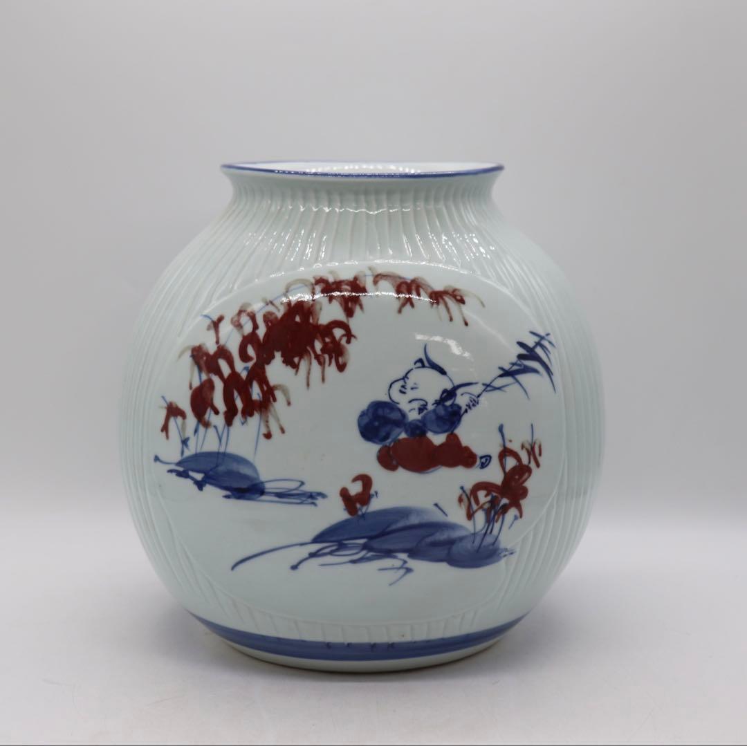 中国　于暁明作　青華釉裏紅　童子花鳥紋扁壺　送料込み250829 (中棚)