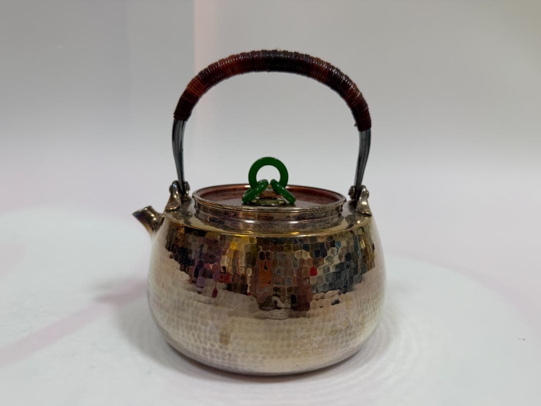 純銀製 鎚目打 丸形 三環摘 湯沸 銀瓶 煎茶道具